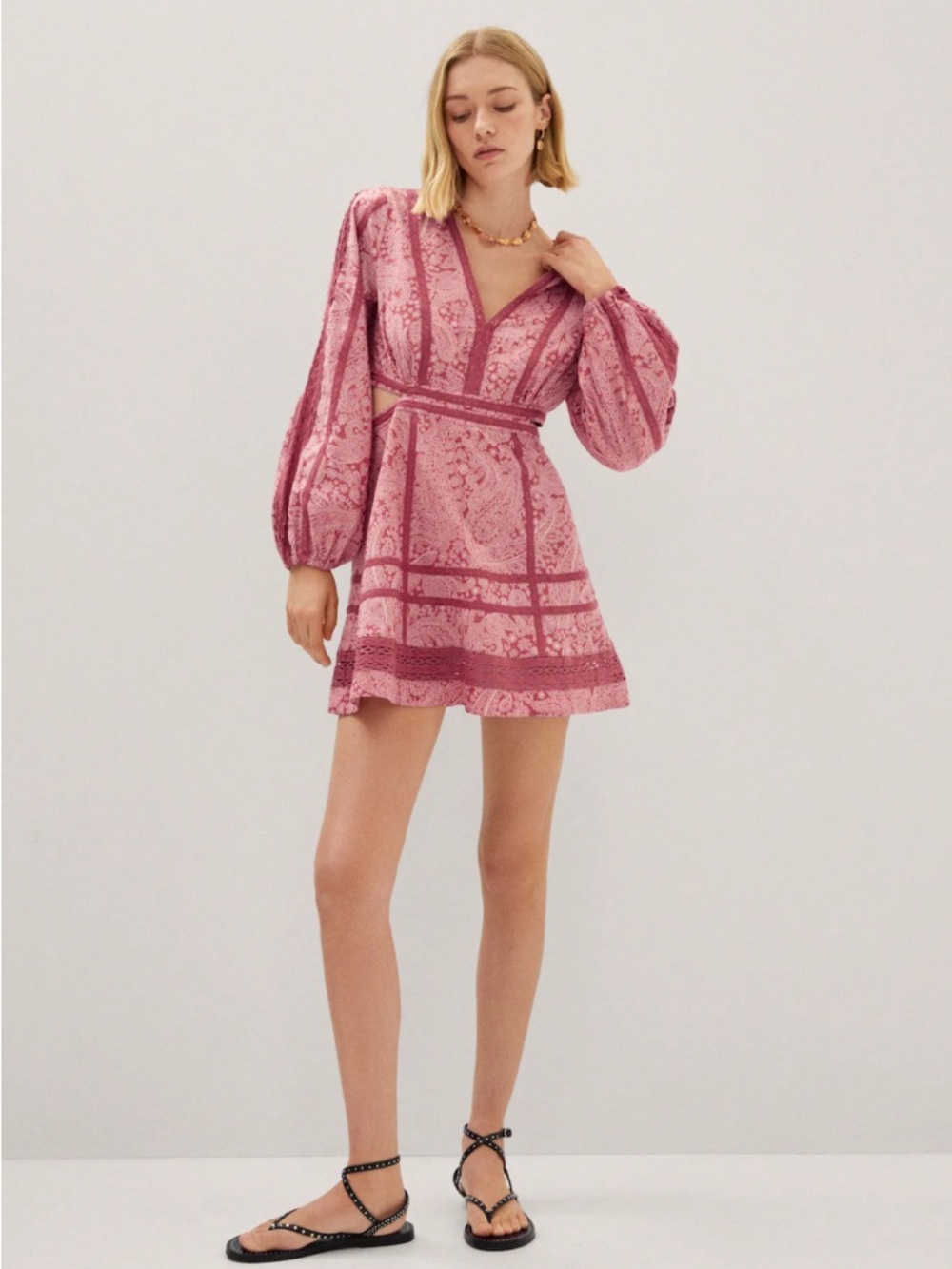 Mango Lace-Pattern V-Neck Mini Dress with cutouts